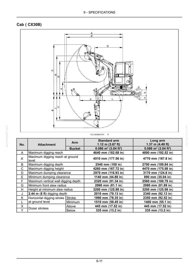May include: Diagram of a Cab (CX30B) excavator with specifications. Includes measurements for digging reach, depth, height, clearance, and radius, in inches and feet. The diagram is labeled with letters and numbers.