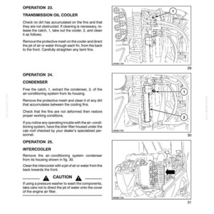 May include: A technical manual page titled Section 4 - Lubrication and Maintenance, Every 100 Hours of Work. It contains instructions for Operation 23, 24, and 25, detailing maintenance for a transmission oil cooler, condenser, and intercooler.