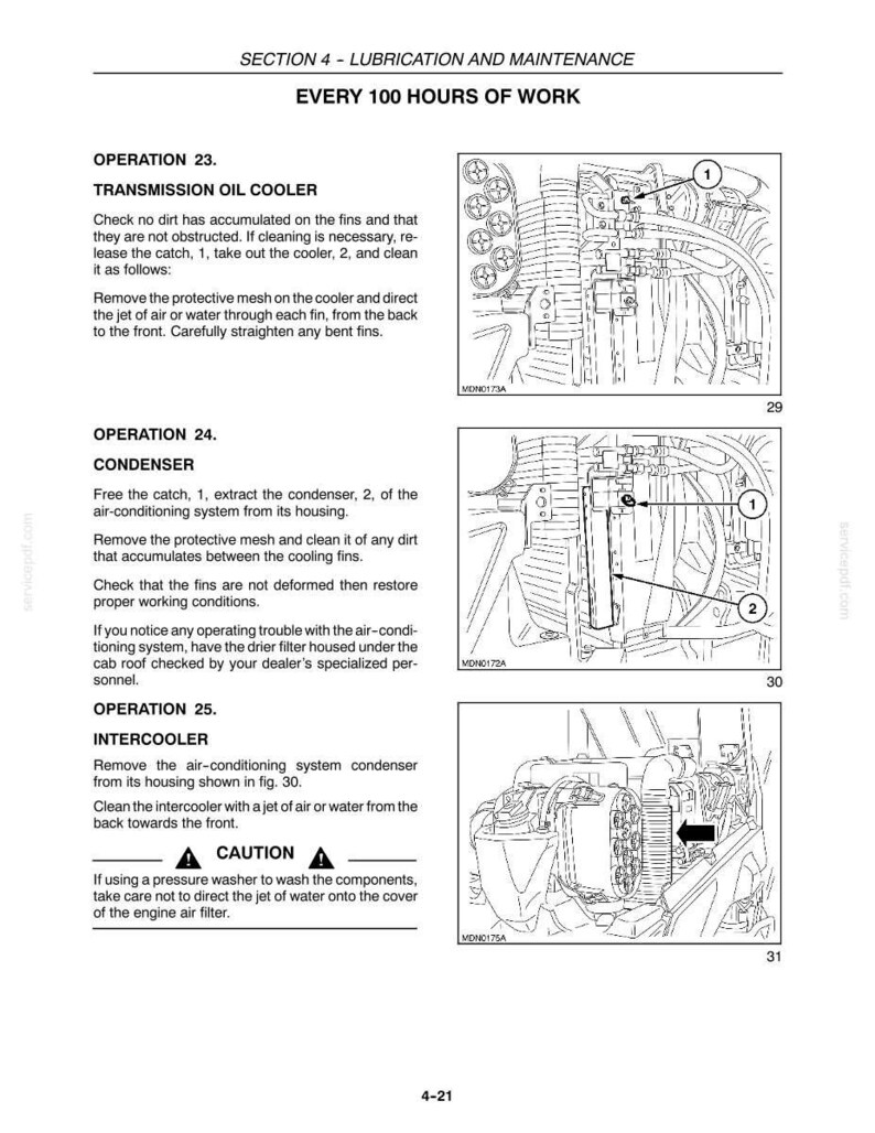 May include: A technical manual page titled Section 4 - Lubrication and Maintenance, Every 100 Hours of Work. It contains instructions for Operation 23, 24, and 25, detailing maintenance for a transmission oil cooler, condenser, and intercooler.