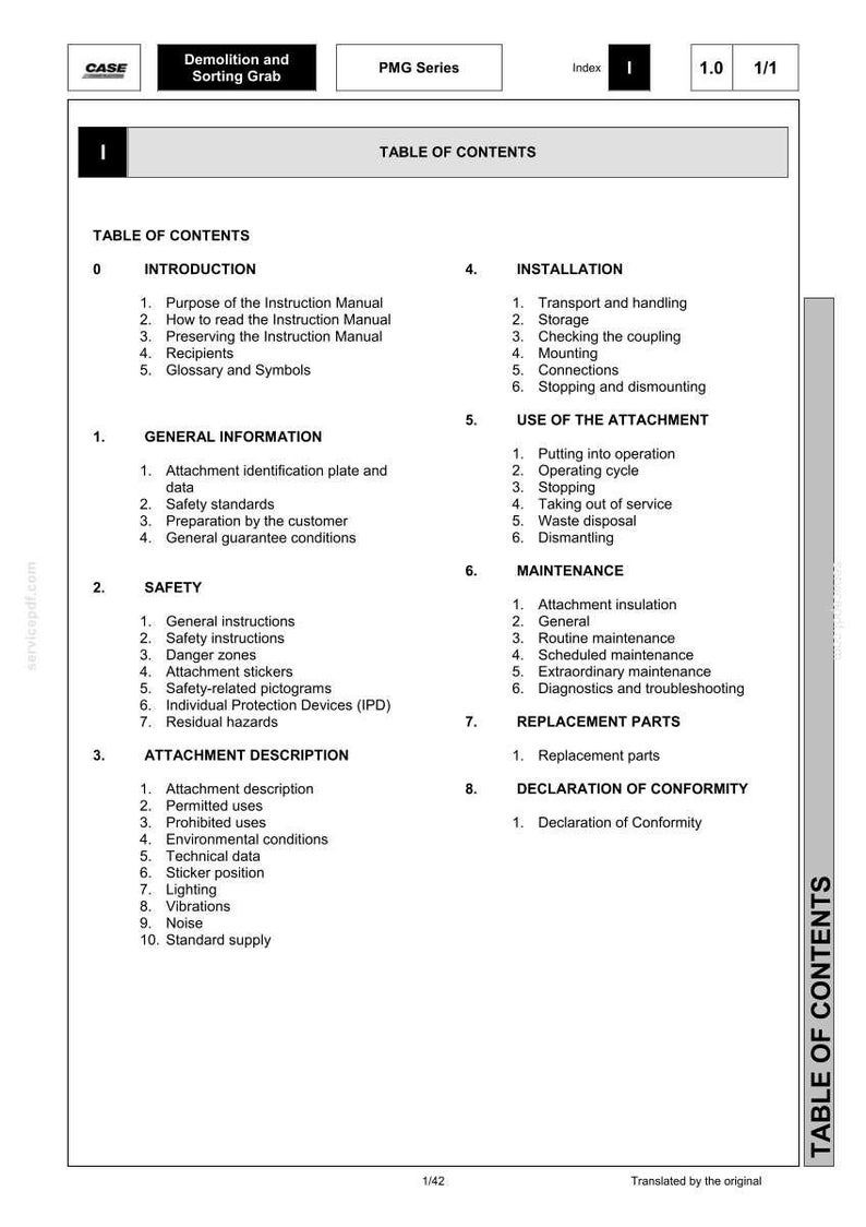 Puede incluir: P&aacute;gina de un manual "Demolition and Sorting Grab" de CASE. El &iacute;ndice incluye secciones sobre introducci&oacute;n, informaci&oacute;n general, seguridad, descripci&oacute;n del accesorio, instalaci&oacute;n y mantenimiento.