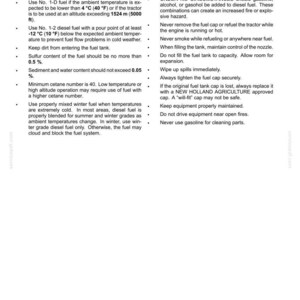 May include: A technical document page titled 7-MAINTENANCE detailing diesel fuel specifications and safety guidelines. It lists requirements for fuel types, temperature ranges, and safety warnings regarding gasoline, smoking, and fuel tank maintenance.