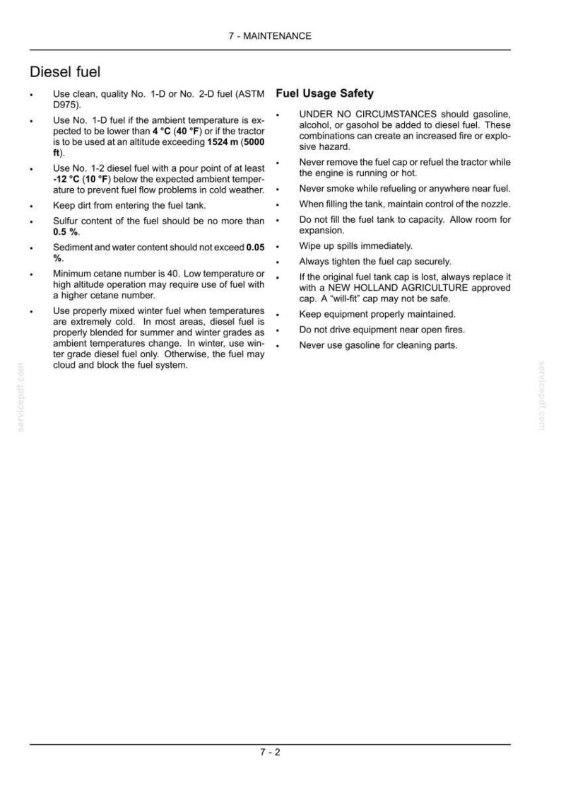 May include: A technical document page titled 7-MAINTENANCE detailing diesel fuel specifications and safety guidelines. It lists requirements for fuel types, temperature ranges, and safety warnings regarding gasoline, smoking, and fuel tank maintenance.