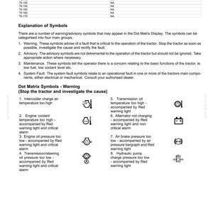 Puede incluir: Documento blanco con texto negro que detalla los s&iacute;mbolos de advertencia para el cuadro de instrumentos de un tractor. Incluye s&iacute;mbolos para la temperatura del refrigerante del motor, la presi&oacute;n del aceite y otros problemas potenciales. El documento se titula "Instrument cluster Analog-Digital Instrument Cluster (ADIC)".