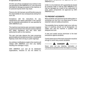 May include: A page from a manual with the title "SECTION 00 - GENERAL - CHAPTER 1". The text includes important warnings, safety precautions, and instructions for use, maintenance, and repairs. A danger warning is also present.