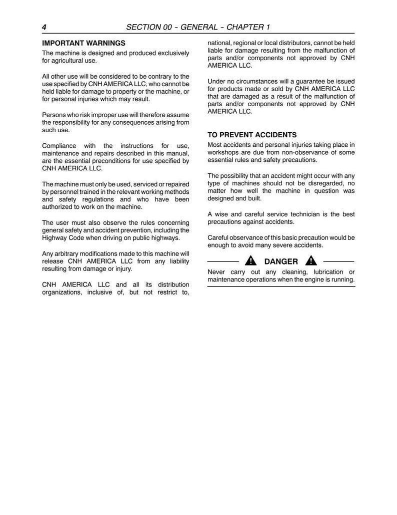May include: A page from a manual with the title "SECTION 00 - GENERAL - CHAPTER 1". The text includes important warnings, safety precautions, and instructions for use, maintenance, and repairs. A danger warning is also present.
