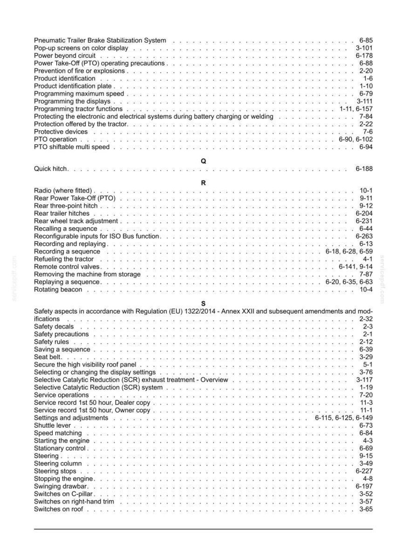 Pu&ograve; includere: Una pagina di indice in bianco e nero tratta da un manuale tecnico, contenente voci in ordine alfabetico da Pneumatic Trailer Brake Stabilization System a Switches on roof, con i relativi numeri di pagina elencati sulla destra.