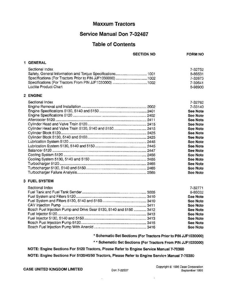 May include: A printed service manual for Maxxum Tractors, Don 7-32487, with a table of contents. The document lists sections for engine, fuel system, and general information. Published by Case United Kingdom Limited.