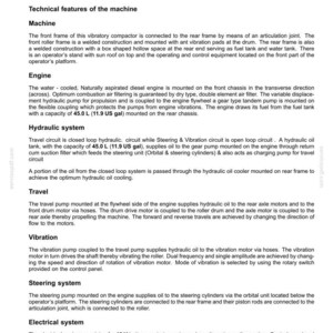 K&ouml;nnte beinhalten: Technisches Datenblatt einer Maschine mit Abschnitten zu Rahmen, Motor, Hydrauliksystem, Fahrwerk, Vibration, Lenkung und elektrischen Komponenten. Enth&auml;lt Ma&szlig;e in Litern und US-Gallonen.