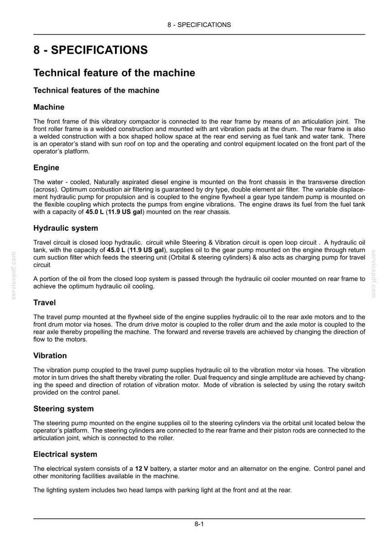 K&ouml;nnte beinhalten: Technisches Datenblatt einer Maschine mit Abschnitten zu Rahmen, Motor, Hydrauliksystem, Fahrwerk, Vibration, Lenkung und elektrischen Komponenten. Enth&auml;lt Ma&szlig;e in Litern und US-Gallonen.