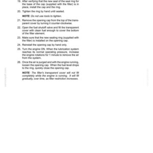 May include: A technical document page titled 7 - MAINTENANCE containing numbered instructions 18 through 26 for installing a filter element, sealing rings, and an opening cap, including notes on manual tightening and air purging procedures.