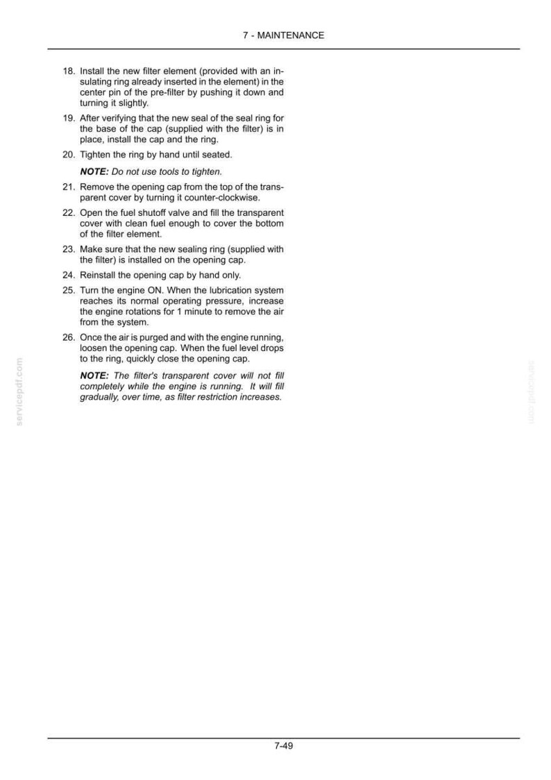 May include: A technical document page titled 7 - MAINTENANCE containing numbered instructions 18 through 26 for installing a filter element, sealing rings, and an opening cap, including notes on manual tightening and air purging procedures.