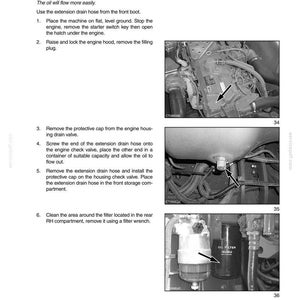 May include: A page from a manual detailing the process of draining, changing the oil filter, and filling fluids. The images show engine components, including the oil filter and drain valve, with arrows indicating steps.