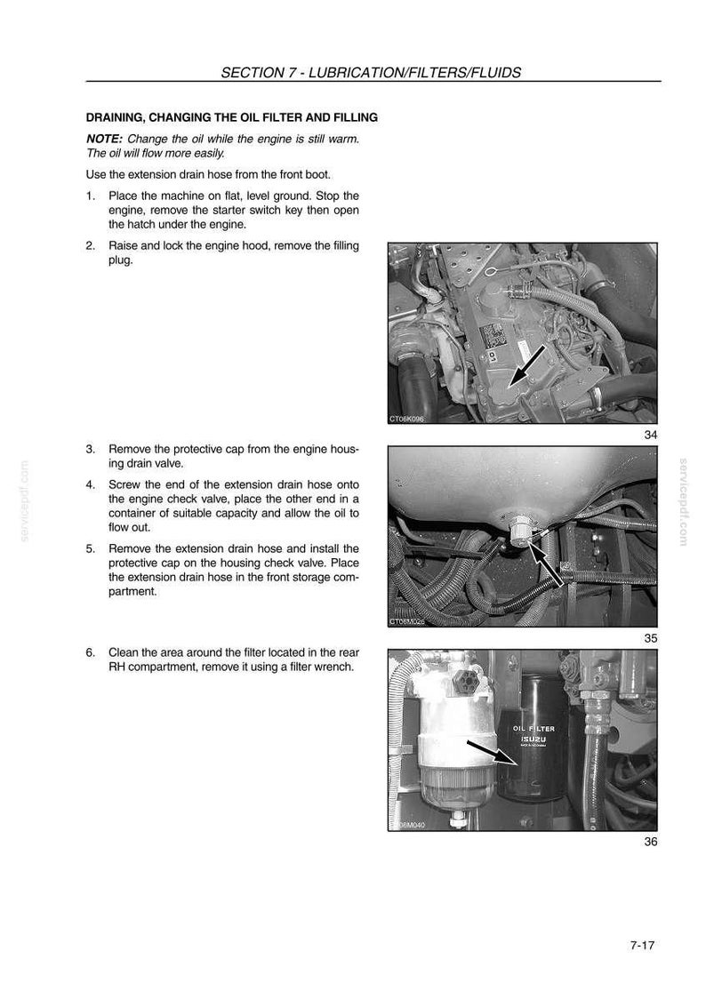 May include: A page from a manual detailing the process of draining, changing the oil filter, and filling fluids. The images show engine components, including the oil filter and drain valve, with arrows indicating steps.