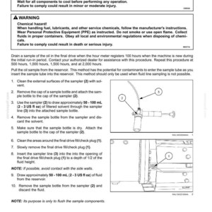 Op de afbeelding: Diagram van een olie-bemonsteringsprocedure voor de eindoverbrenging. De afbeelding bevat een sampler, een monsterfles en een vul-/controleplug. Instructies beschrijven het reinigen, het afnemen van vloeistof en het weggooien van het monster.
