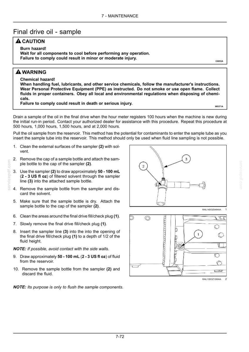 Op de afbeelding: Diagram van een olie-bemonsteringsprocedure voor de eindoverbrenging. De afbeelding bevat een sampler, een monsterfles en een vul-/controleplug. Instructies beschrijven het reinigen, het afnemen van vloeistof en het weggooien van het monster.