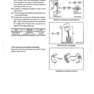 Pu&ograve; includere: Una pagina di manuale tecnico intitolata Inspection and Repair of Basic Engine, con testo nero e diagrammi su sfondo bianco. Include istruzioni per controllare la flessione, la torsione e l'usura dei cuscinetti della biella con formule.