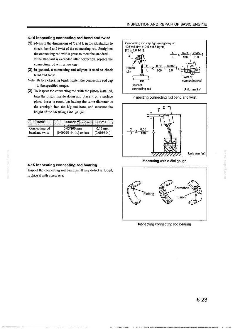 Pu&ograve; includere: Una pagina di manuale tecnico intitolata Inspection and Repair of Basic Engine, con testo nero e diagrammi su sfondo bianco. Include istruzioni per controllare la flessione, la torsione e l'usura dei cuscinetti della biella con formule.