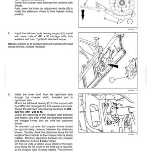May include: Technical diagram illustrating the residue handling of a straw chopper. The image shows various components, including bolts, nuts, and a rotating blade assembly. Instructions and measurements are provided for assembly and maintenance.