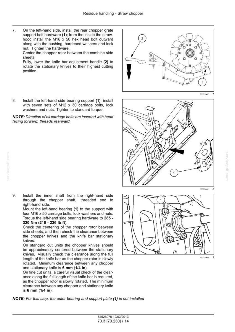 May include: Technical diagram illustrating the residue handling of a straw chopper. The image shows various components, including bolts, nuts, and a rotating blade assembly. Instructions and measurements are provided for assembly and maintenance.