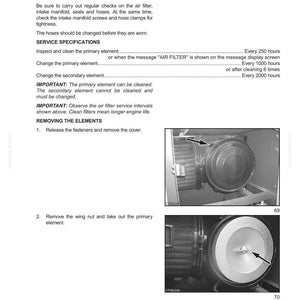May include: A grayscale image from a manual showing air filter inspection and service specifications. The text includes instructions for checking the air filter, intake manifold, and hoses. Images show the air filter and its components.