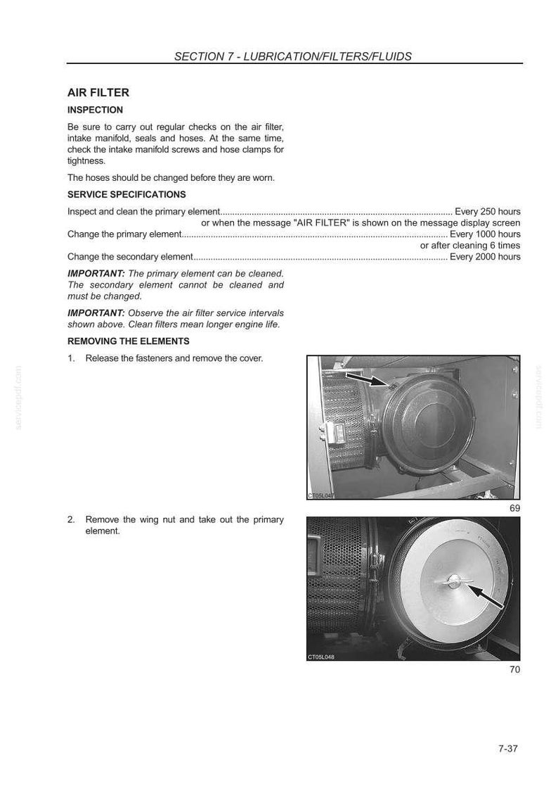 May include: A grayscale image from a manual showing air filter inspection and service specifications. The text includes instructions for checking the air filter, intake manifold, and hoses. Images show the air filter and its components.