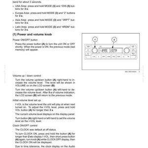 May include: Diagram of a car radio control panel with buttons and a digital display showing "FM1 107.9". The text provides instructions for volume, power, and clock settings.