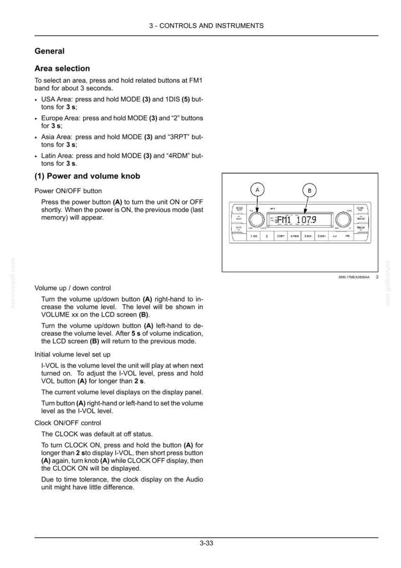 May include: Diagram of a car radio control panel with buttons and a digital display showing "FM1 107.9". The text provides instructions for volume, power, and clock settings.