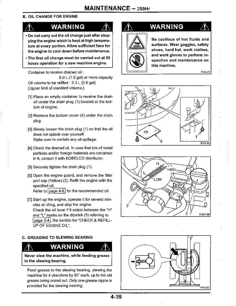 Op de afbeelding: Een technische handleidingpagina getiteld MAINTENANCE - 250Hr, met details over procedures voor het verversen van motorolie, waarschuwingen, diagrammen van aftappluggen en peilstokmarkeringen. Het specificeert een bijvulvolume van 2,3 L olie.