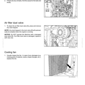 May include: Page from a maintenance manual with diagrams and text. Sections include 'Engines leaks,' 'Air filter dust valve,' and 'Cooling fan.' The diagrams show engine components and a cooling fan, with arrows pointing to specific parts.