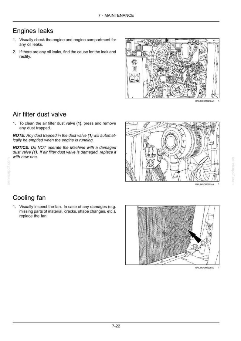 May include: Page from a maintenance manual with diagrams and text. Sections include 'Engines leaks,' 'Air filter dust valve,' and 'Cooling fan.' The diagrams show engine components and a cooling fan, with arrows pointing to specific parts.