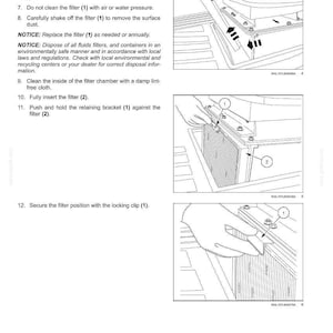 May include: Diagrams illustrating filter maintenance steps. Includes instructions for removing, cleaning, and replacing a filter, with numbered components and arrows indicating direction. Text includes safety notices and disposal instructions.