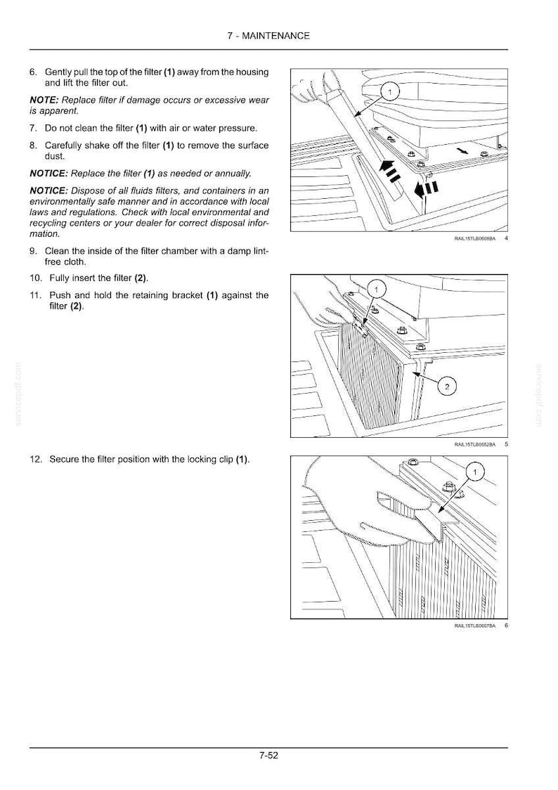 May include: Diagrams illustrating filter maintenance steps. Includes instructions for removing, cleaning, and replacing a filter, with numbered components and arrows indicating direction. Text includes safety notices and disposal instructions.
