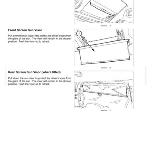 May include: A technical manual page titled 3 - CONTROLS AND INSTRUMENTS featuring line drawings of a vehicle sun visor system. It includes instructions for a sliding panel, a front screen sun visor labeled 1, and a rear screen sun visor.