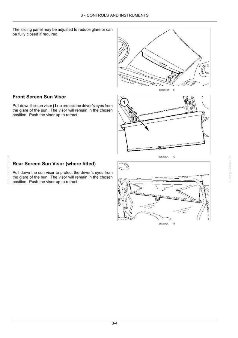 May include: A technical manual page titled 3 - CONTROLS AND INSTRUMENTS featuring line drawings of a vehicle sun visor system. It includes instructions for a sliding panel, a front screen sun visor labeled 1, and a rear screen sun visor.