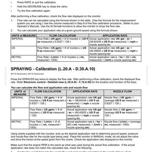 May include: A technical document titled SPRAYING - Calibration (L.20.A - D.30.A.10) containing instructions for flow rate and application rate calculations. The page features tables for Imperial, US, and Metric units of measure for agricultural equipment.