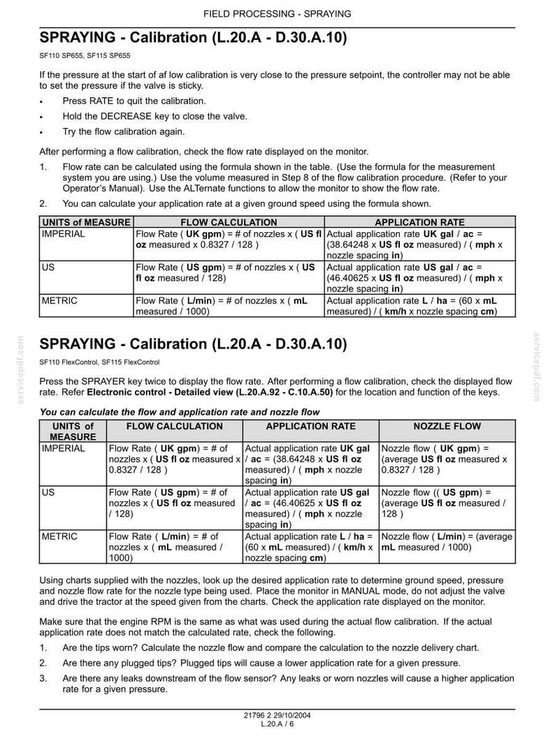 May include: A technical document titled SPRAYING - Calibration (L.20.A - D.30.A.10) containing instructions for flow rate and application rate calculations. The page features tables for Imperial, US, and Metric units of measure for agricultural equipment.