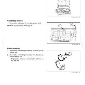 May include: Diagram of engine components, including an oil pan, crankcase, and pistons. The image provides instructions for removing and organizing parts, with labels and numbered steps. The text includes "Engine - Connecting rods and pistons."