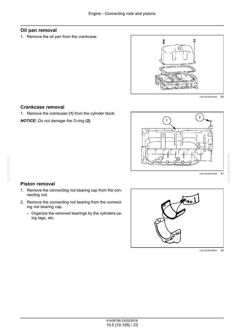 May include: Diagram of engine components, including an oil pan, crankcase, and pistons. The image provides instructions for removing and organizing parts, with labels and numbered steps. The text includes "Engine - Connecting rods and pistons."