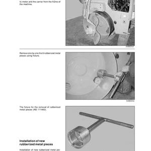 Puede incluir: Imagen en escala de grises de un manual que muestra los pasos para el mantenimiento del tambor. La imagen incluye primeros planos del tambor, herramientas e instrucciones de texto. El texto incluye "Retire el soporte", "Retire una por una las 6 piezas met&aacute;licas recubiertas de goma" e "Instalaci&oacute;n de piezas met&aacute;licas recubiertas de goma nuevas".