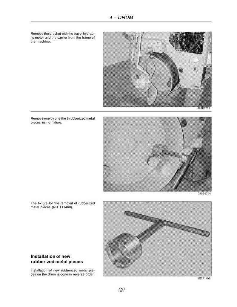 Puede incluir: Imagen en escala de grises de un manual que muestra los pasos para el mantenimiento del tambor. La imagen incluye primeros planos del tambor, herramientas e instrucciones de texto. El texto incluye "Retire el soporte", "Retire una por una las 6 piezas met&aacute;licas recubiertas de goma" e "Instalaci&oacute;n de piezas met&aacute;licas recubiertas de goma nuevas".