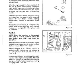 May include: A technical manual page titled Lubrication and Maintenance featuring text about thermostat and fan belt care. It includes two diagrams: Figure 3-29 showing thermostat assembly components and Figure 3-30 illustrating an engine fan belt.