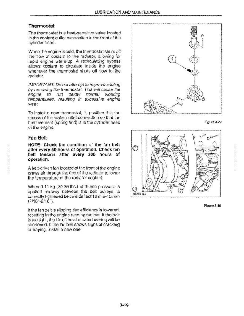 May include: A technical manual page titled Lubrication and Maintenance featuring text about thermostat and fan belt care. It includes two diagrams: Figure 3-29 showing thermostat assembly components and Figure 3-30 illustrating an engine fan belt.