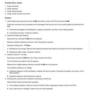May include: Document detailing troubleshooting steps for a brake lube solenoid short to 12V. Includes possible failure modes, solutions, and connector checks. Text includes measurements in Ohms and voltage.