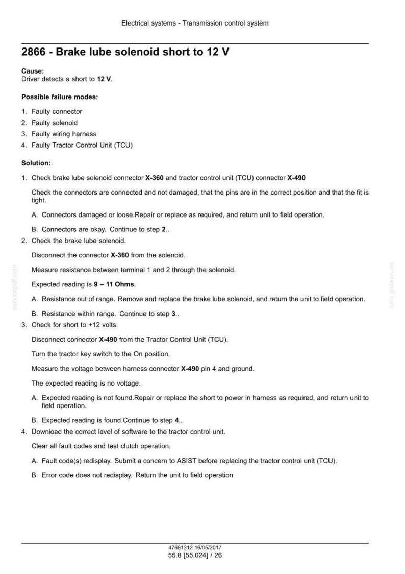 May include: Document detailing troubleshooting steps for a brake lube solenoid short to 12V. Includes possible failure modes, solutions, and connector checks. Text includes measurements in Ohms and voltage.