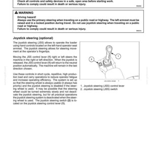 May include: A technical manual page titled 6-WORKING OPERATIONS detailing joystick steering for a loader. It includes safety warnings, operational instructions, and a line drawing of a joystick control lever labelled 1 and a switch labelled 2.