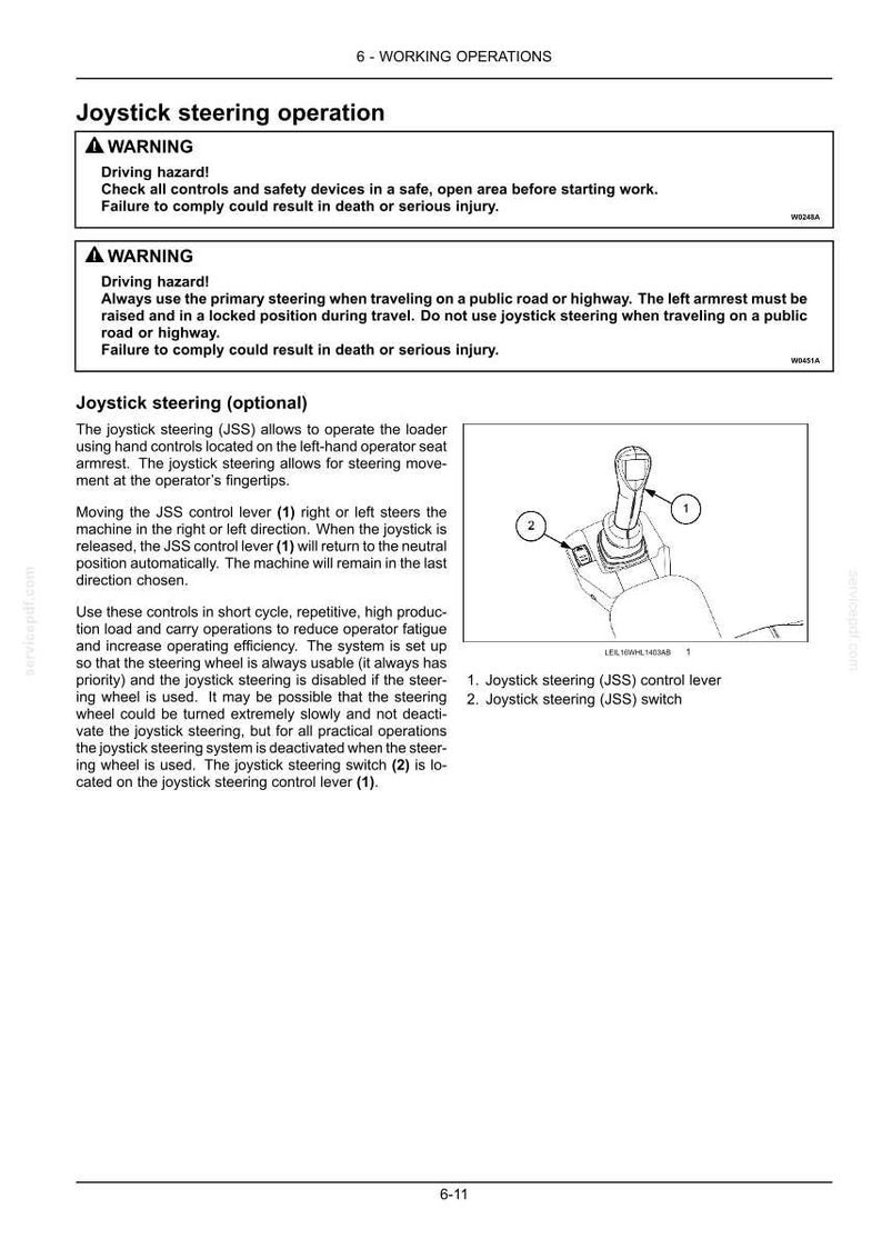 May include: A technical manual page titled 6-WORKING OPERATIONS detailing joystick steering for a loader. It includes safety warnings, operational instructions, and a line drawing of a joystick control lever labelled 1 and a switch labelled 2.