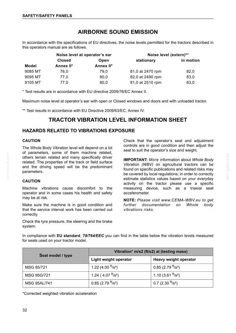May include: A technical document page titled SAFETY/SAFETY PANELS containing tables for AIRBORNE SOUND EMISSION and TRACTOR VIBRATION LEVEL INFORMATION SHEET, detailing noise levels for models 9085 MT, 9095 MT, 9105 MT and vibration data for seat models.