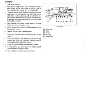 May include: Diagram illustrating the process of securing heavy machinery for road transport. The image shows a machine on a trailer, with labels indicating tie-down points, including wire ropes, blocks, and chocks. Instructions are provided.