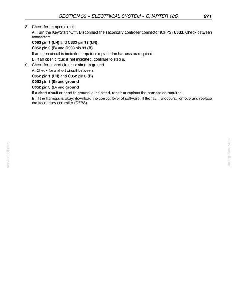 May include: A page from a manual detailing electrical system checks. The text includes instructions for checking open and short circuits, specifying connector pins and actions to take. The document is titled "SECTION 55 - ELECTRICAL SYSTEM - CHAPTER 10C".