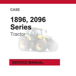 K&ouml;nnte beinhalten: Ein gelb-grauer Traktor mit gro&szlig;en Reifen. Der Text auf dem Bild lautet "CASE 1896, 2096 Series Tractor" und "SERVICE MANUAL" in einem roten Feld.